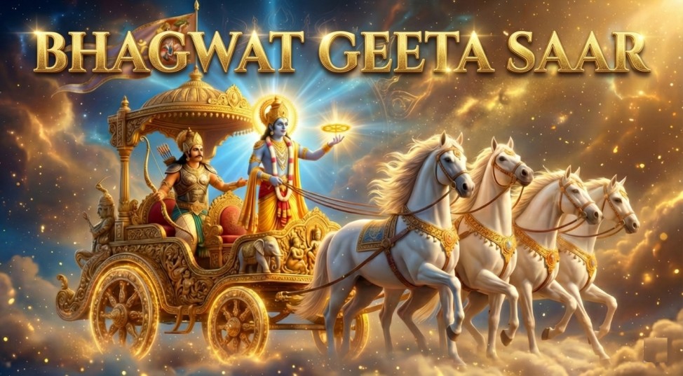 Geeta Saar in Hindi, Bhagavad Gita summary 1 hour, 18 chapters explained, Karma Yoga Hindi, spiritual motivation 2025